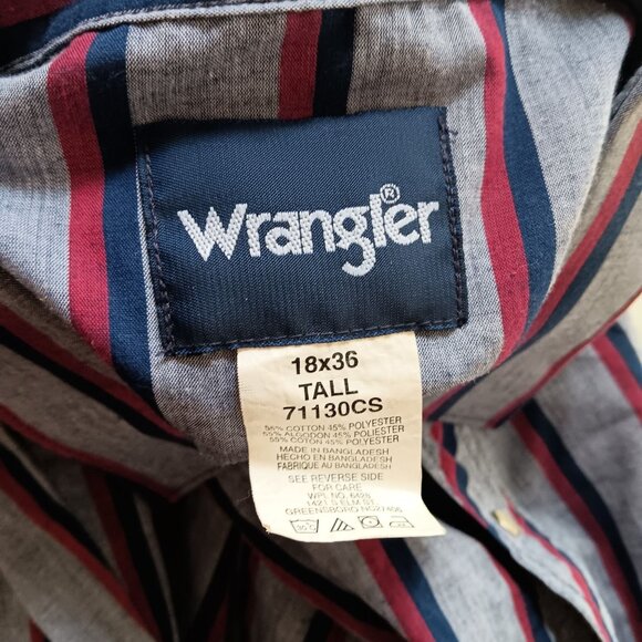 XXL Vintage Wrangler Mens Western Shirt Striped Tall 18x36 Tall Blue/Red/Gray - Picture 5 of 5